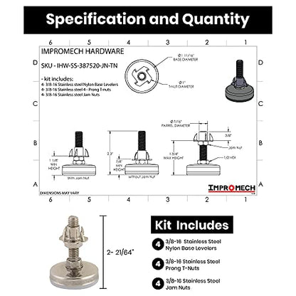 Stainless Steel Outdoor Leveler Kit- (4) 3/8-16 Leg Levelers for Cabinets, Patio Furniture, and Table Legs - Adjustable Height Leveling Feet with Jam Nuts to Stabilize Feet (Kit with 4 Prong T-Nuts)