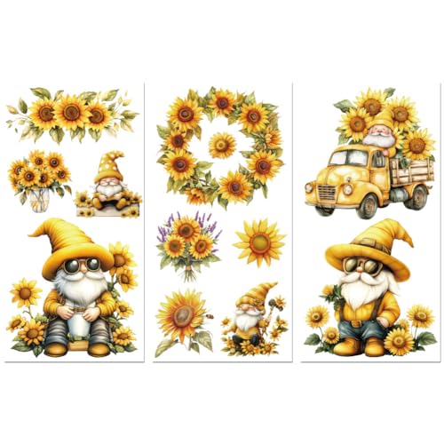 Peacoblue Sunflowers and Gnome Rub On Transfers for Furniture Craft 6"x12" - style: Sunflowers and Gnome
