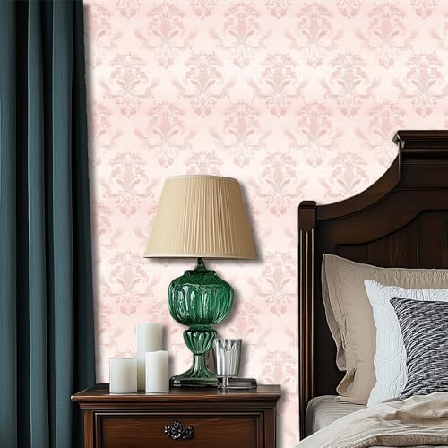 HOMETITUTE Pink Damask Peel and Stick Wallpaper 118.1x17.7 Inch Vinyl - color: Pink Classic Damask