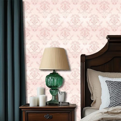 HOMETITUTE Pink Damask Peel and Stick Wallpaper 118.1x17.7 Inch Vinyl - color: Pink Classic Damask