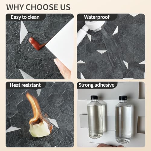 DICOFUN 1-Sheet 12"x12" Black Slate Hexagon Tile Peel and Stick Backsplash, PVC Mixed Silver Metal Mosaic Tiles for Kitchen and Bathroom - color: Black Slate + Silver Metal Chip, size: 1 Sheet, 12''x12''x0.12''