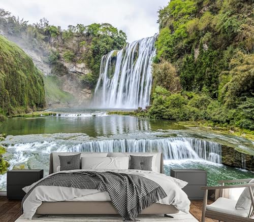 Majestic Green Forest Waterfall Landscape Peel and Stick Wallpaper - color: No.12, size: 80" x 61"