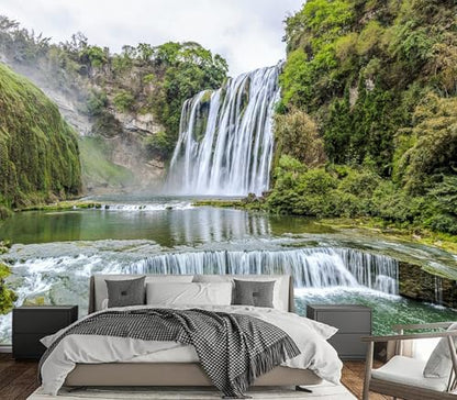 Majestic Green Forest Waterfall Landscape Peel and Stick Wallpaper - color: No.12, size: 80" x 61"