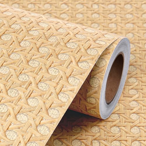 Livelynine Rattan Wallpaper Peel and Stick Cane Webbing Wicker Weave Brown Rattan Contact Paper for Furniture Faux Textured Wall Paper Self Adhesive Cabinet Covering Boho Burlap Fabric Wood 15.8x78.8 - color: Brown Rattan, size: 15.8" x 78.8"