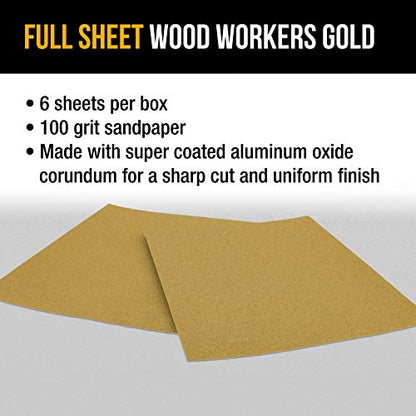 Dura-Gold Premium 9" x 11" Gold Sandpaper Sheets, 100 Grit (Box of 6) - size: 100-Grit