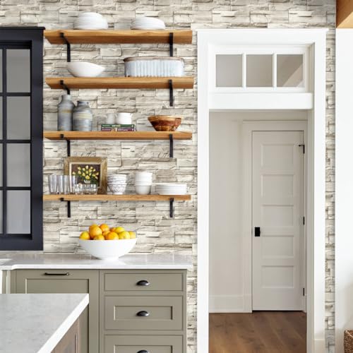 Jeweluck Faux Stone Wallpaper Peel and Stick Brick Wallpaper 17.7”×118.1” - color: A Beige, size: 17.7" x 118.1"