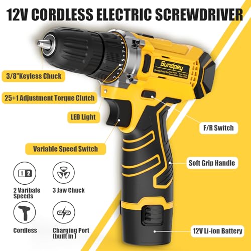 Sundpey 166-PC Small Basic Home Tool Kit Set with 12V Cordless Drill & Case