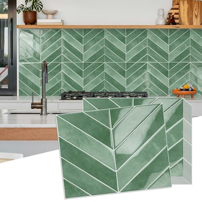 10-Sheet Herringbone Peel and Stick Backsplash Tiles for Kitchen, 3D Marble Look Self Adhesive Stick on Back Splashes Wall Tiles for Bathroom 11.5"x9" Light Green - color: Light Green