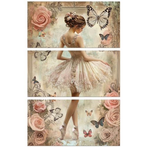 Peacoblue Retro Ballet and Roses Rub On Transfers for Furniture 6"x12" - style: Retro Ballet Dancer and Pink Roses