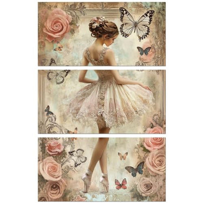 Peacoblue Retro Ballet and Roses Rub On Transfers for Furniture 6"x12" - style: Retro Ballet Dancer and Pink Roses