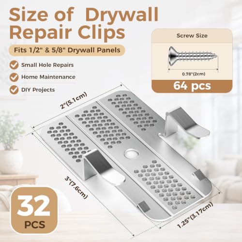32 Pack Drywall Repair Clips, Drywall Clips Repair for 1/2" & 5/8" Panels - color: Silver-32 Pack