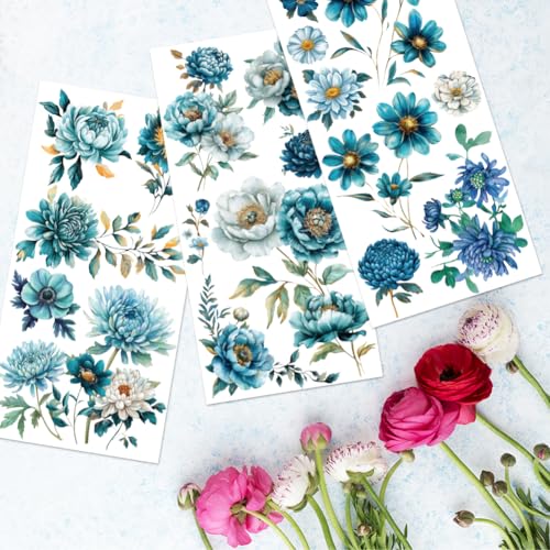 3 Sheets Teal Florals Rub on Transfers for Crafts, 12×6in