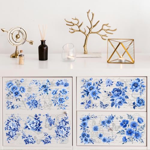 Peacoblue Blue Floral Background Rub On Transfers for Furniture 6"x12" - style: Blue Flowers with A Full Background