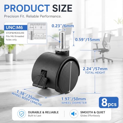 BBTO 8 Pcs 2 Inch M6 Swivel Stem Casters Wheels Replacement, M6 Threaded Stem Caster with Brake, Heavy Duty 360° Standing Desk Wheels, No Noise, Black Nylon, for Cart Furniture Table Cabinet Shelf - size: 2 Inch X M6 x 15 mm, style: Threaded, with Brake
