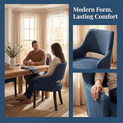 chairus Upholstered Farmhouse Dining Chairs Set of 4, Blue Linen Fabric Dining Room Chairs with Arms, Solid Wood Curved Back Kitchen Accent Side Chairs for Dining Room/Living Room, Blue - color: Blue
