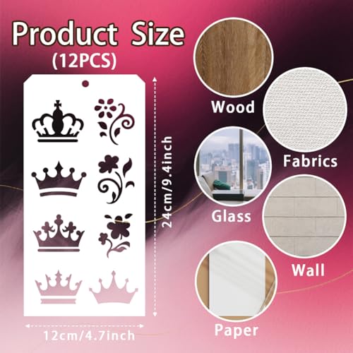 12 Sheets Decorative Painting Templates, 96 Styles Crowns Flowers Animals Christmas Halloween Drawing Templates Reusable Border Stencil for Painting on Wall Wood Home Holiday Decor - style: Mixed Elements