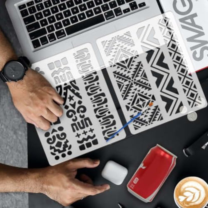 FINGERINSPIRE 12Pcs Geometric Painting Stencils 9.84x7.87inch with Paintbrush Reusable Texture Art Stencils Geometric Plastic Hollow Out Templates for Wood Furniture Canvas Scrapbook