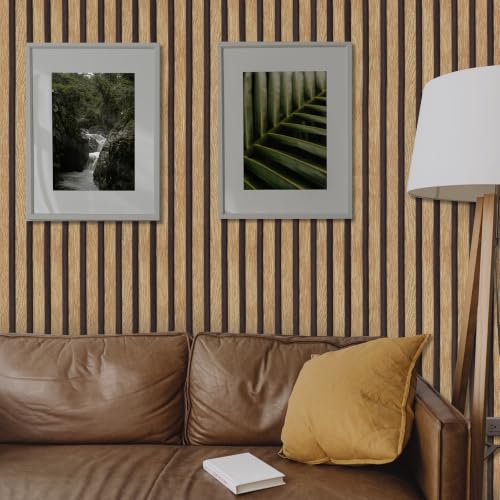 Abyssaly Brown Wood Slat Wall Panel Peel and Stick Wallpaper - color: Yellowish Brown, size: 17.7" x 393.7"