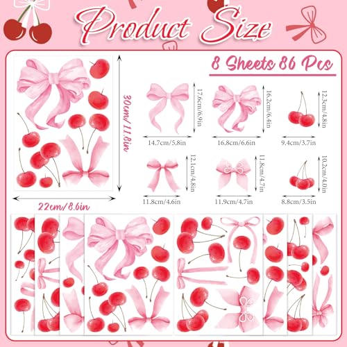 Bow Cherry Wall Decals, 8 Sheets 86 Pcs - color: Cherry Bow