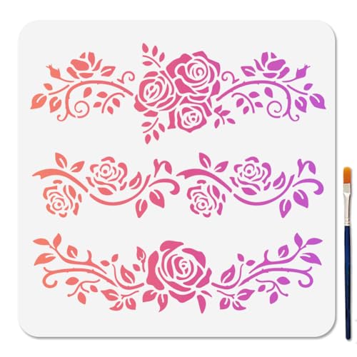 MAYJOYDIY Rose Lace Border Stencil Floral Vine Art Stencils 11.8×11.8inch Reusable Plants Craft Stencils with Paint Brush Flower Border Template for Craft on Window Wood Wall Home Decor - style: Rose Lace Border
