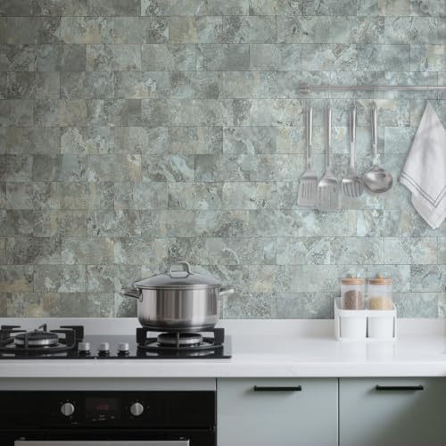 AULIGET 100-Piece Faux Stone Peel and Stick Backsplash Wall Tiles, 3" x 6" Grey & Brown Slate PVC Stick on Tile for Backsplash Kitchen, Bathroom, Laundry Room, Camper, Fireplace - color: Grey & Brown Slate