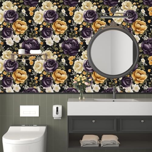 Laatse Dark Peony Peel and Stick Wallpaper 17.5" x 118",Beige/Black - color: Purple/Beige, size: 118" x 17.5"