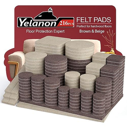 Felt Furniture Pads for Hardwood Floors -Yelanon Felt Pads for Chair Legs - size: 216 pcs Beige & Brown