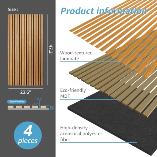 Art3d 4-Pack Fluted Acoustic Wood Slat Wall Panel, 47.2 x 23.6 Inch, Teak - color: Teak, size: 4pcs - 47.2＊23.6in.