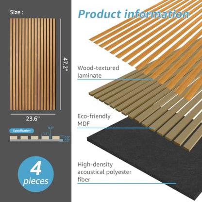 Art3d 4-Pack Fluted Acoustic Wood Slat Wall Panel, 47.2 x 23.6 Inch, Teak - color: Teak, size: 4pcs - 47.2＊23.6in.