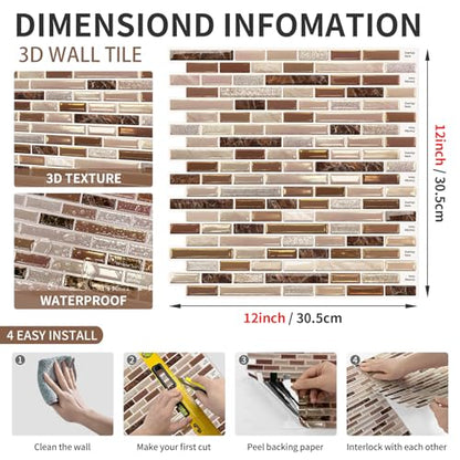 URCOLOR 10-Sheet Kitchen Backsplash Tiles Peel and Stick, 12”×12” Self Adhesive Wall Tile Sticker for Bathroom,Sandstone Brown - color: Sandstone Brown