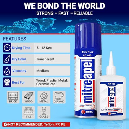 MITREAPEL CA Glue with Activator (3x1.7oz-3 x 6.7 floz)Instant Bond Professional Cyanoacrylate Adhesive and Super Glue Accelerator for Woodworking ,Ceramic,3D Printing,Glass, DIY&Craft, Plastic,Repair - size: 3 Pack