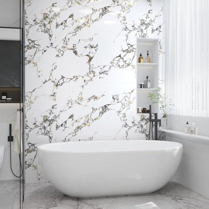 White Gold Marble Granite Contact Paper peel and stick for Kitchen Bathroom Countertops cabinets Wallpapers 32x354inch Thicken Vinyl laminate Wall Counter top sticker Wrapping apartment friendly paper - color: White Gold, size: 32" x 354"