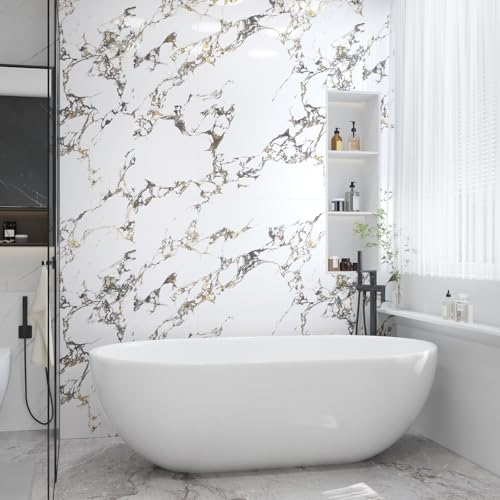White Gold Marble Granite Contact Paper Kitchen Countertop peel and stick heat resistant wall paper 394x48inch widen Counter top Vinyl Wrap Waterproof Bathroom Wallpaper Carbon Rock Board wall sticker - color: White Gold, size: 48" x 394"