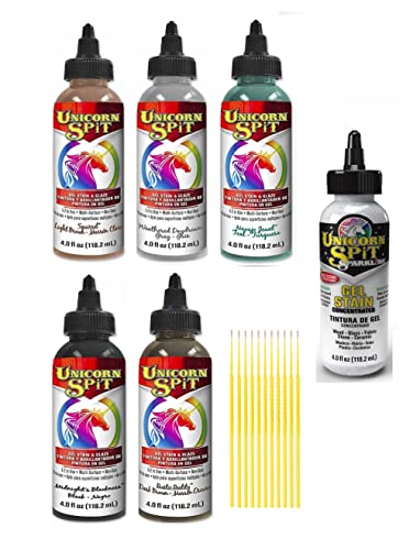 Unicorn SPiT Gel Stain & Glaze ICY Fall Collection: 4 oz Bundle with Sparkling Iced Egret and Trebbies Detail Sticks (Squirrel, Weathered Daydream, Navajo Jewel, Midnight's Blackness, Rustic Reality) - color: ICY FALL COLLECTION