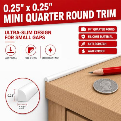 1/4 in x 10 ft Peel and Stick Quarter Round Molding, White - color: White, size: 1/4 in x 10 ft