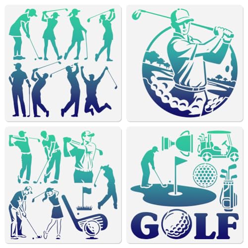 4Pcs Golfer Stencils for Painting, 11.8"x11.8" Reusable Play Golf Stencil Drawing Templates, Golf Sports DIY Craft Paint Templates for Wall Home Decor Wood Burning Canvas Fabric - style: Golfer