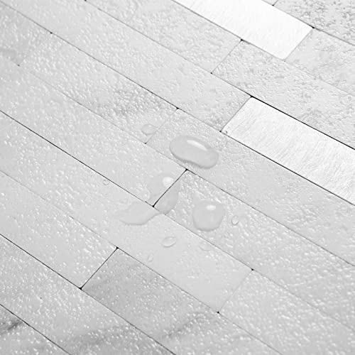 AULIGET Faux White Stone Peel and Stick Backsplash, 2 PVC Mixed Metal Wall Tiles Stick on Backsplash - color: Marble White + Metal Silver, size: 2 Sheets, 6"x12"x0.12"