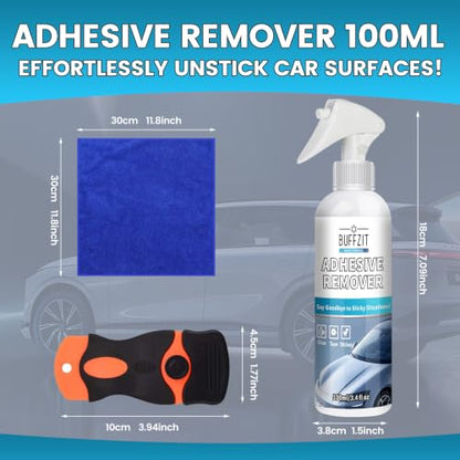 Car Adhesive Remover Spray – Glue & Sticker Remover for Car Paint, Glass & Windows, Removes Decals, Tape & Label Residue – Automotive Adhesive Cleaner Kit with Scraper & Towel, 3.4oz/100ml