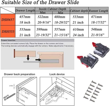 1 Pair 18 Inch Undermount Drawer Slides, Self Soft Close Full Extension Drawer Rails Concealed Drawer Runners Adjustable Locking Devices Mounting Brackets Screws Included - size: 18 Inch