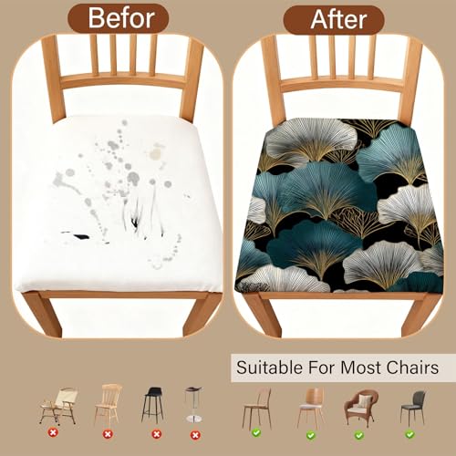 Chair Seat Covers - Waterproof Stretch Printed Dining Room Chair Cover with Elastic Ties Removable Washable Dining Upholstered Chairs Protector (Ginkgo Leaves, Four-Piece Set) - color: Ginkgo Leaves, size: Four-piece set