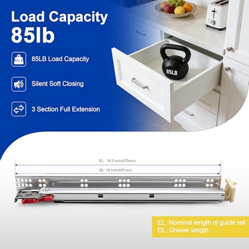 10 Pairs 18" Undermount Soft Close Drawer Slides, Bottom Mount Full Extension Drawer Slides, Zinc Plated Cold Rolled Steel 85 lb Load, Complete Mounting Hardware for Full Kitchen Cabinet Drawers Set - size: 18 Inch, style: Soft Close - 10 Pairs