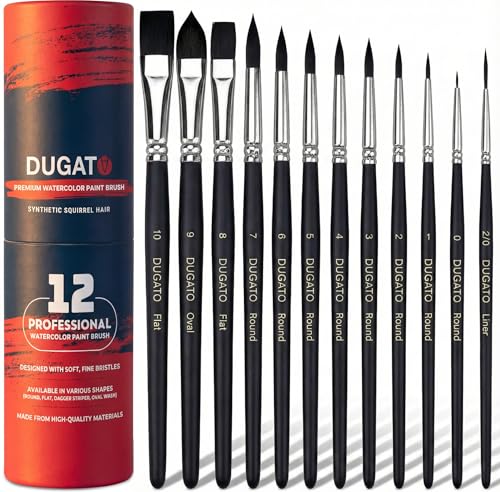 DUGATO Watercolor Brush Set 12 pc, Round, Flat, Liner & Oval Synthetic