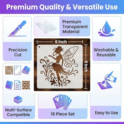 16 Pcs Fairy Stencils for Painting, Flower Wings for Journals 6 Inch - color: Fairy