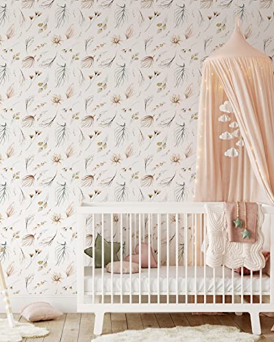 Modern Botanical Wallpaper | Removable Self Adhesive Watercolor Wallpaper | Neutral Floral Peel and Stick (Sample 12" W x 8" H) - size: 12" x 8"