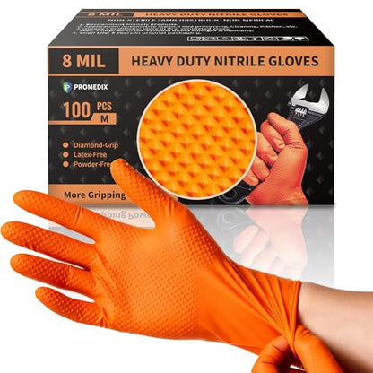 PROMEDIX P Heavy Duty Nitrile Gloves with Diamond Texture 8 Mil Latex Free Powder Free Industrial Disposable Glove - color: Orange, size: Large