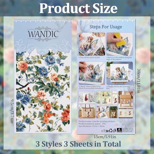 WANDIC 3 Sheets Rub on Transfers for Crafts,Blue Flower and Bird Theme Scrapbooking Stickers Furniture Transfers Journal Stickers Flower Pattern Decals for DIY Water Bottle Window Laptop,15 * 30cm - color: Blue Flower Bird