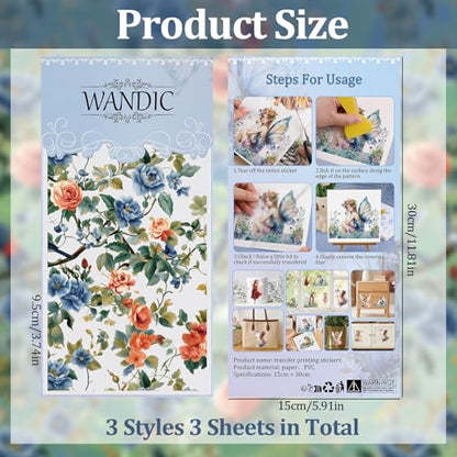 WANDIC 3 Sheets Rub on Transfers for Crafts,Blue Flower and Bird Theme Scrapbooking Stickers Furniture Transfers Journal Stickers Flower Pattern Decals for DIY Water Bottle Window Laptop,15 * 30cm - color: Blue Flower Bird