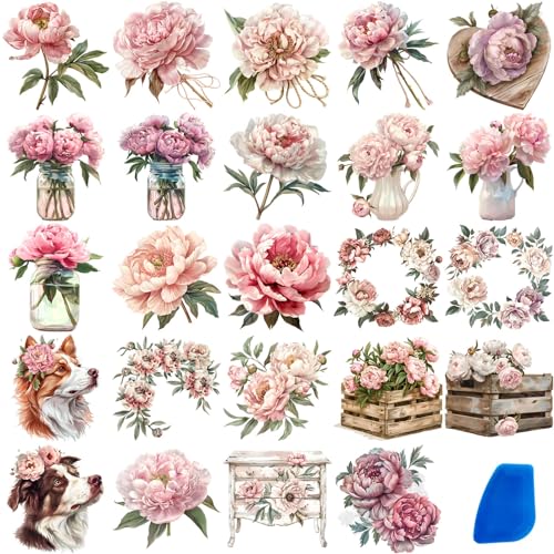 ZMRU 24 Sheets of Watercolor Style Rub on Transfers for Crafts - Perfect for Glass, Porcelain, Leather, Canvas, and Fabric Projects - IOD Transfers Included,3 * 3inch (Pink Peony) - style: Pink Peony