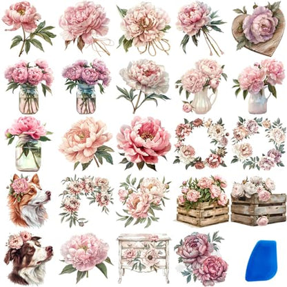 ZMRU 24 Sheets of Watercolor Style Rub on Transfers for Crafts - Perfect for Glass, Porcelain, Leather, Canvas, and Fabric Projects - IOD Transfers Included,3 * 3inch (Pink Peony) - style: Pink Peony