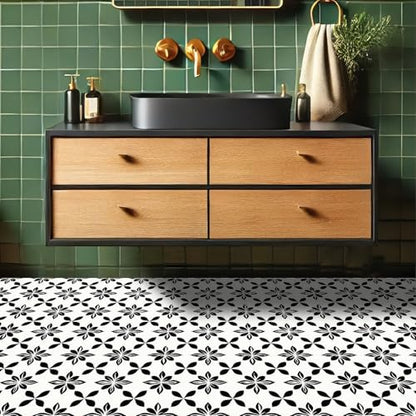 HOMETITUTE Modern Black White Petal Peel Stick Floor 12x12 Vinyl - color: Black#7